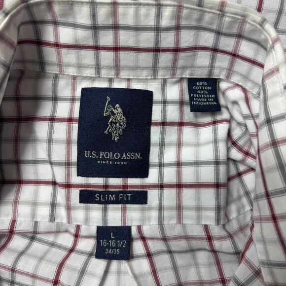 U.S. Polo Assn. Men’s Size 16 -16.5 34/35 Button Down Shirt White Burgundy Plaid - Picture 7 of 9